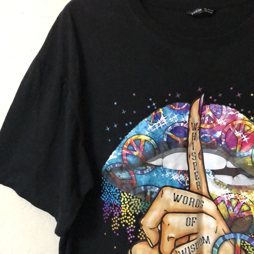 Shein Hippie Boho Whisper Words Of Wisdom Oversized Black Tee - Picture 6 of 9